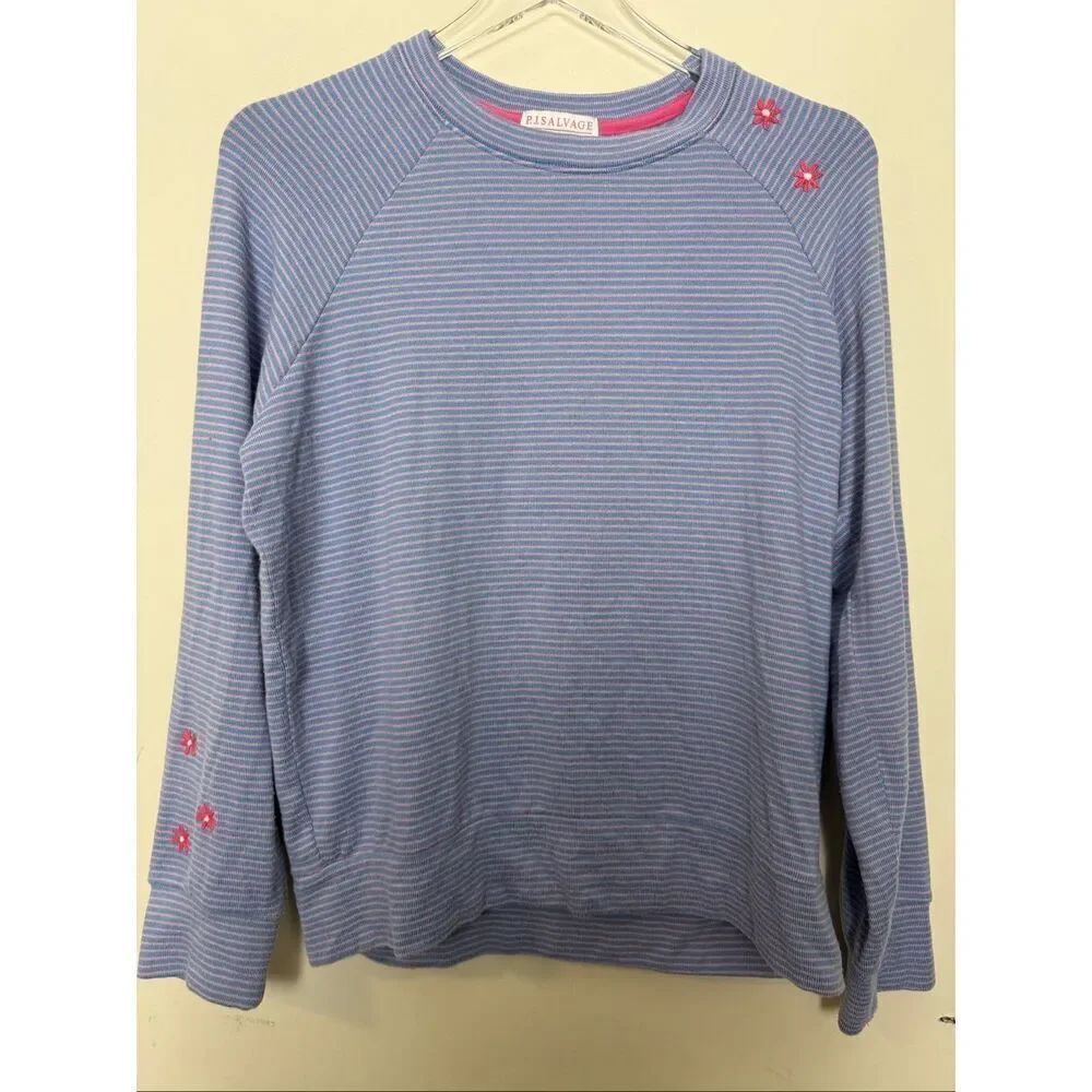 PJ Salvage Blue Pink Striped Raglan Long Sleeve Floral Embroidered Lounge Pajama